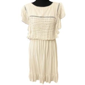 Vestique White Embroidered Ruffle Prairie Tie Back Dress Midi Length Relaxed Fit